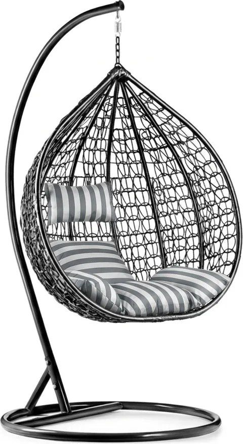 Čierne závesné kreslo KOKON so stojanom, bielo-sivý vankúš