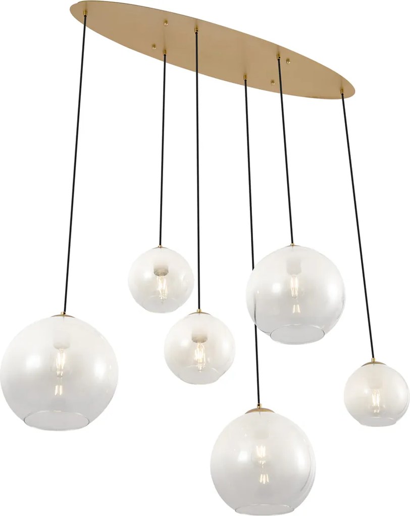 Hotelová elegantná závesná lampa mosadzná s bielym sklom obdĺžniková 6-svetelná - Misty