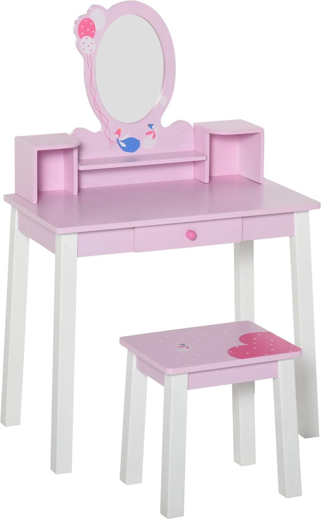 HOMCOM Detský toaletný stolík so stoličkou a zrkadlom pre princezné, drevený make-up stolík pre dievčatá 60x34x93 cm | Aosom