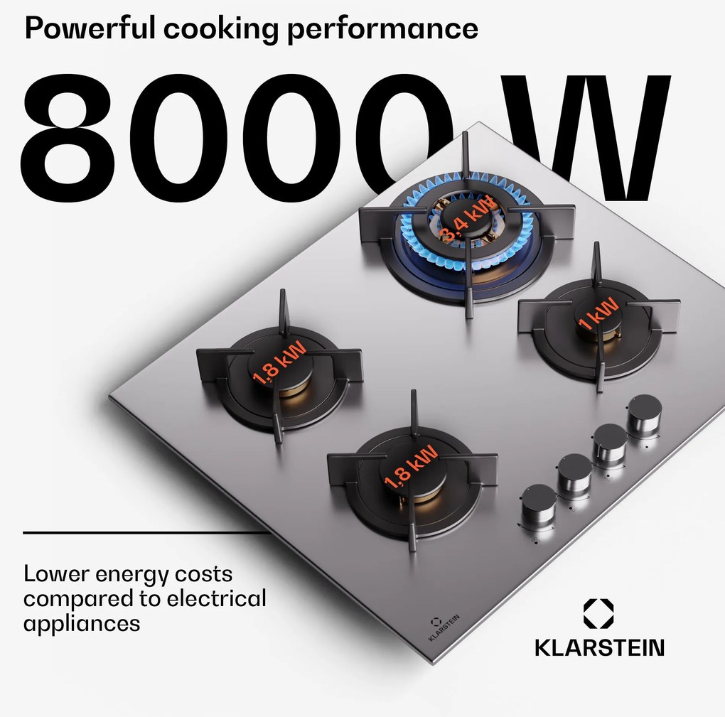 Klarstein Goldflame 4, plynová varná doska, 4 horáky, sebestačná, zemný plyn/propán, nehrdzavejúca oceľ