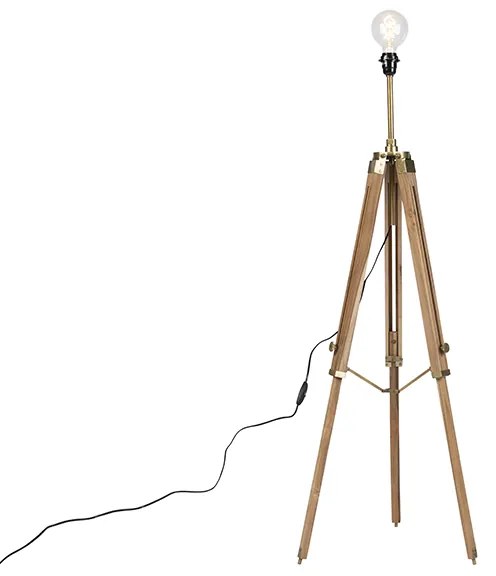 Rustikálna stojaca lampa trojnožka drevo s antickou mosadzou - Cortin