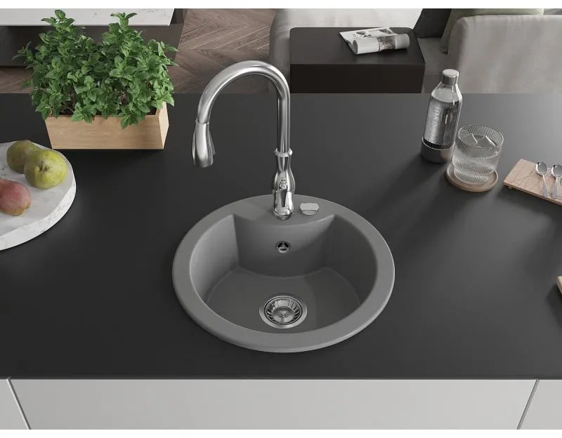 Mexen Diego, 1-komorový granitový drez 488x488x167 mm a drezová batéria Savita, šedá, 6512-71-672601-00
