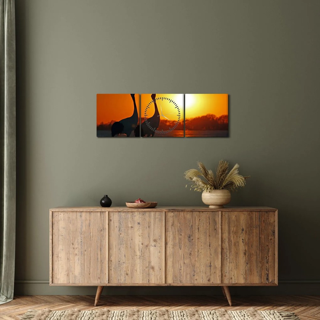 Obraz vtákov pri západe slnka (s hodinami) (90x30 cm)