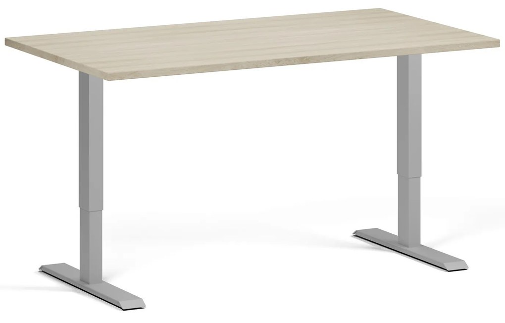 Výškovo nastaviteľný stôl, 140x80 cm, 1 motor, sivá podnož, dub prírodný