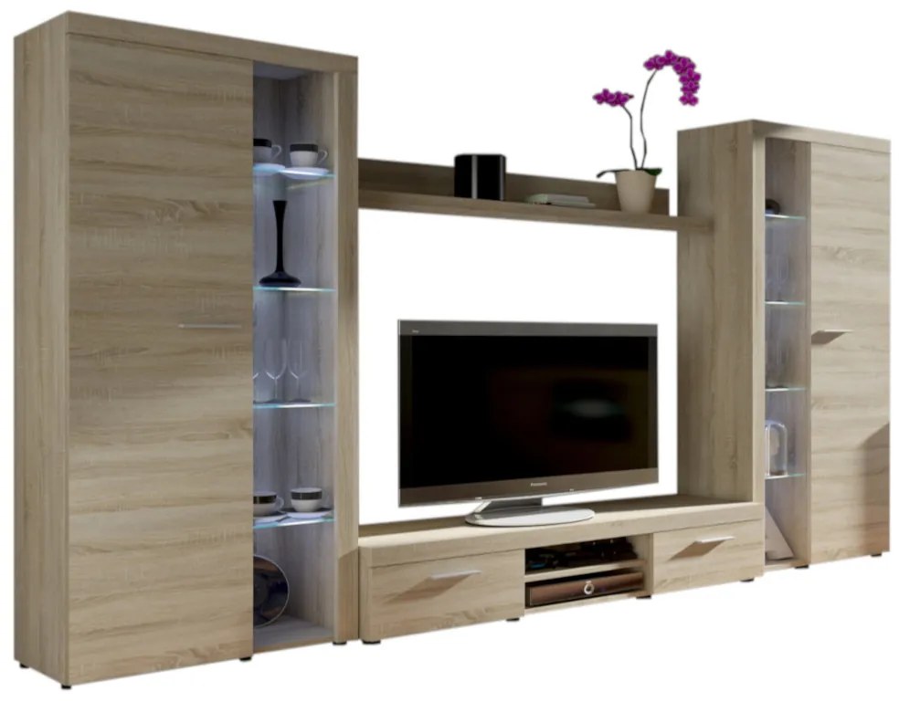 Obývacia stena RUMBA XL, 300x190x34, sonoma + LED osvetlenie