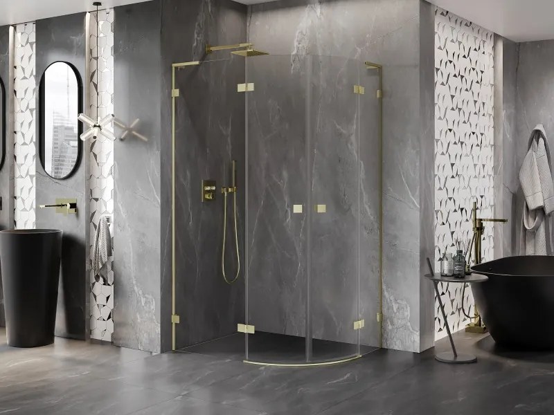 Mexen Lunar, L polkruhový výklopný sprchový kút 100 x 90 cm, 8mm číre sklo, zlatý matný profil, 833L-100L-090P-55-00