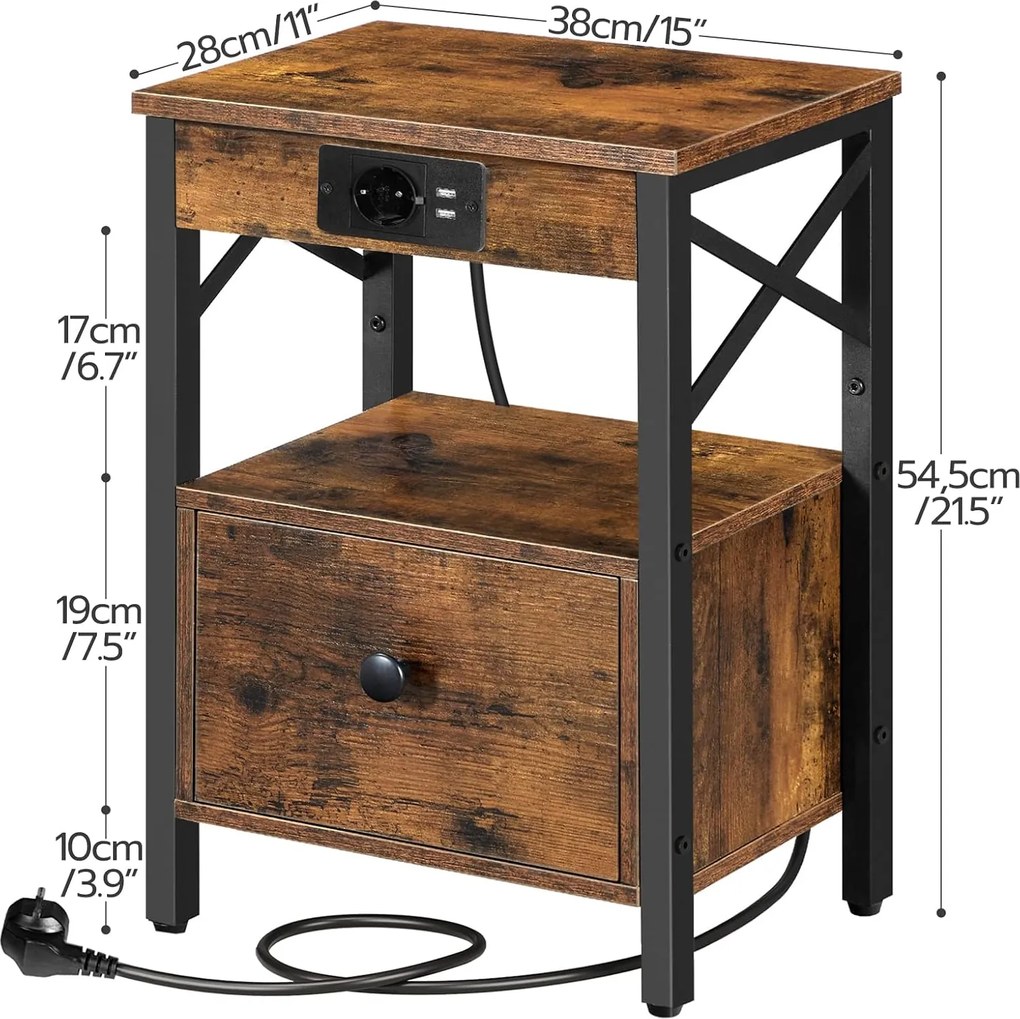 Noční stolek Vasagle Zrava 38 cm s nabíjecí stanicí hnědý/černý