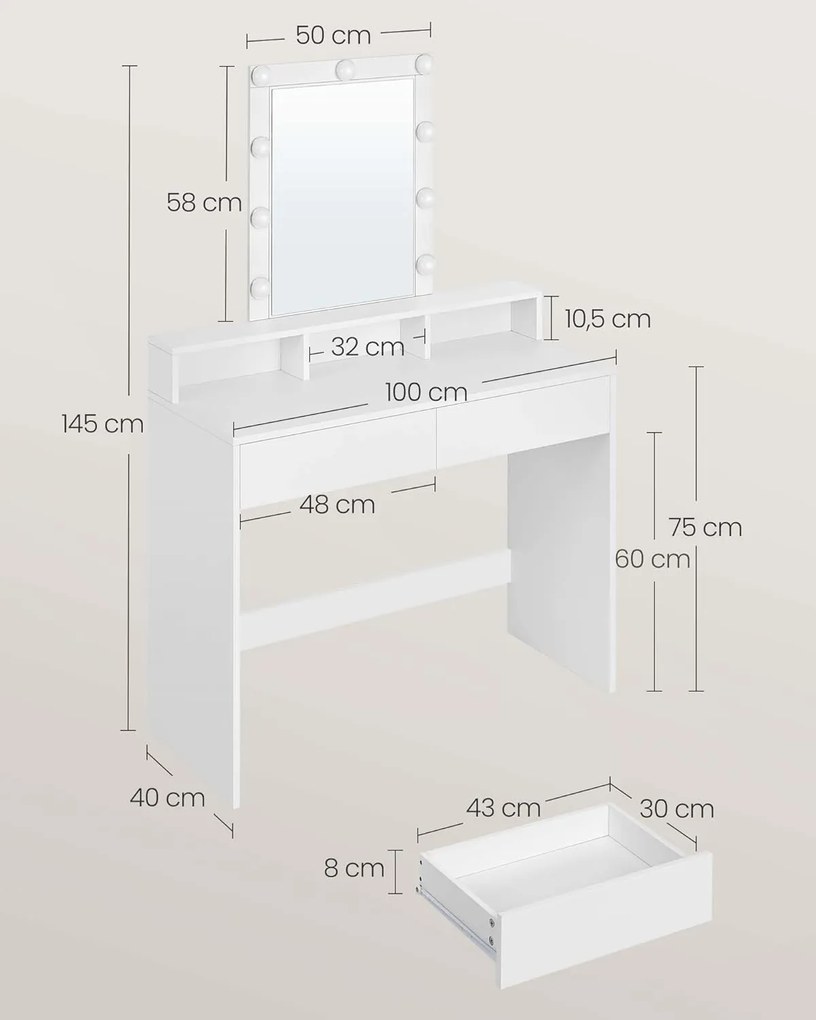 VASAGLE Toaletný stolík s LED osvetlením biely 100 x 145 x 40 cm