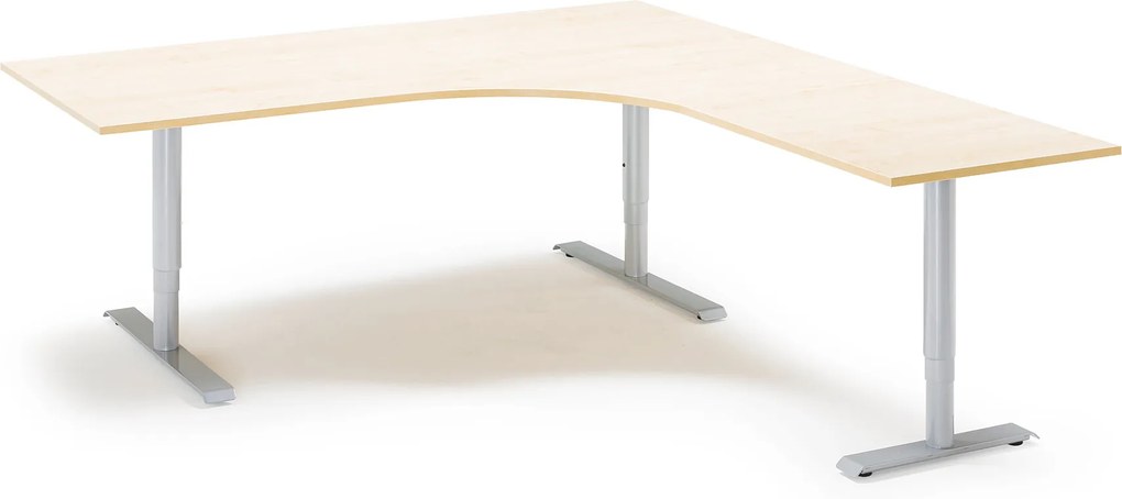 Výškovo nastaviteľný stôl Adeptus, pravý, 2000x1800 mm, laminát breza/šedá