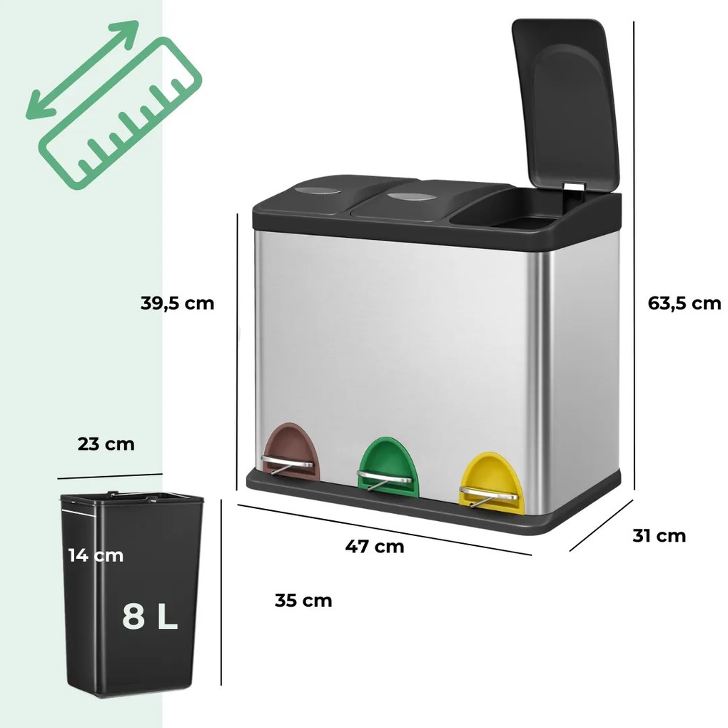 Kôš na separovanie odpadu SORT 24l (3x8l), strieborná Jurhan