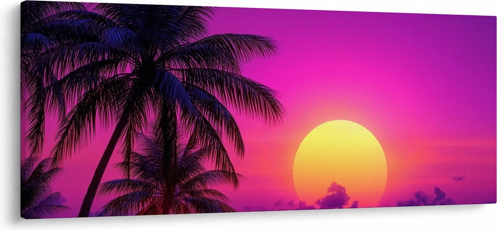 Obraz - Fialový západ s palmou (120x50 cm)