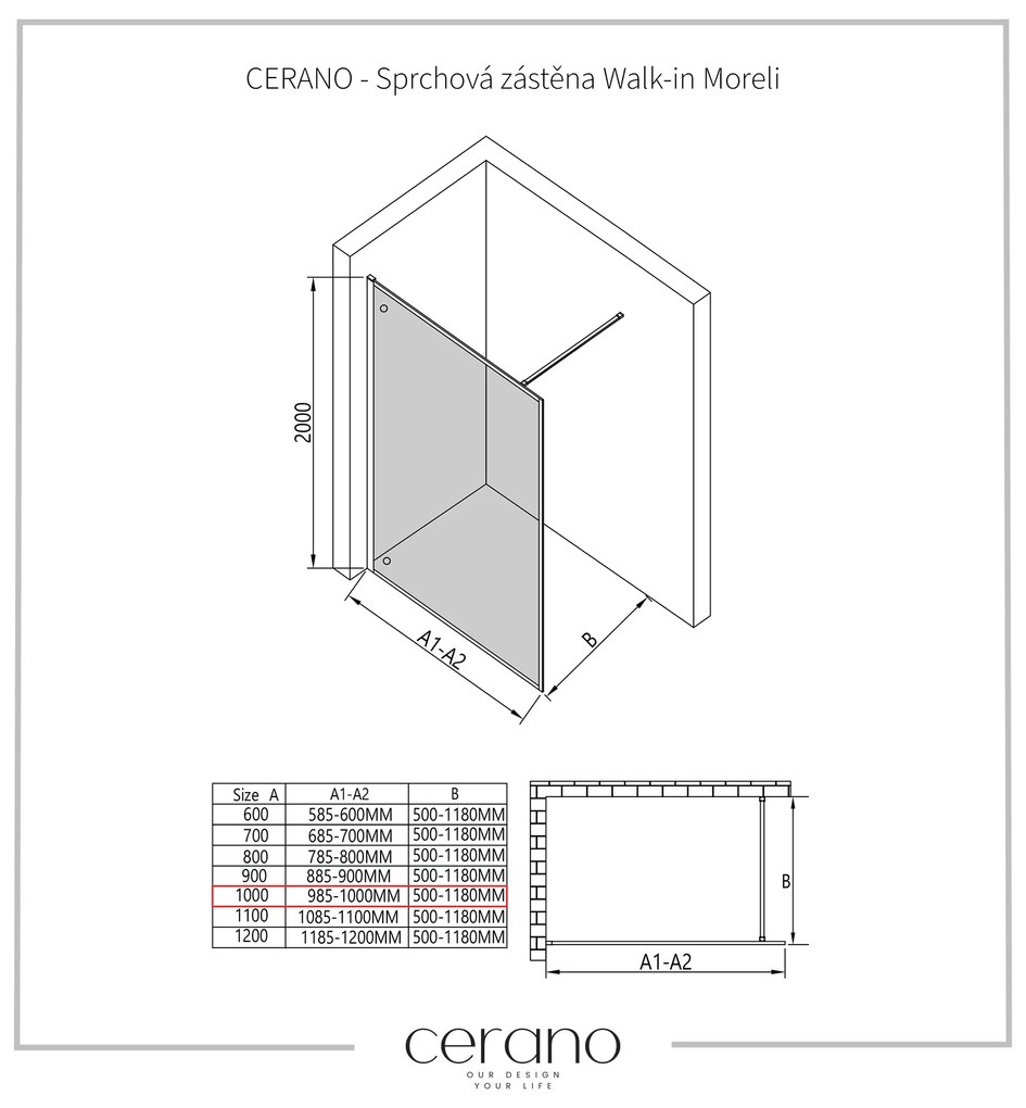 Cerano Moreli, sprchová zástena 100x200 cm, 8mm číre sklo, čierny profil, CER-CER-417614