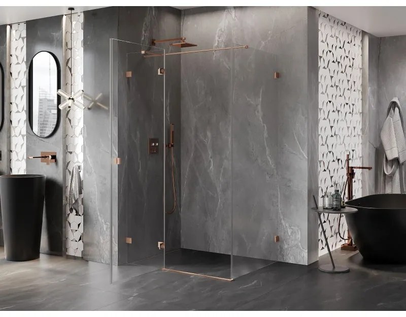 Mexen Lunar T, výklopný ľavý sprchový kút 140 x 120 cm, 8mm číre sklo, profil medená matná, 834T-140-120-65-00-L