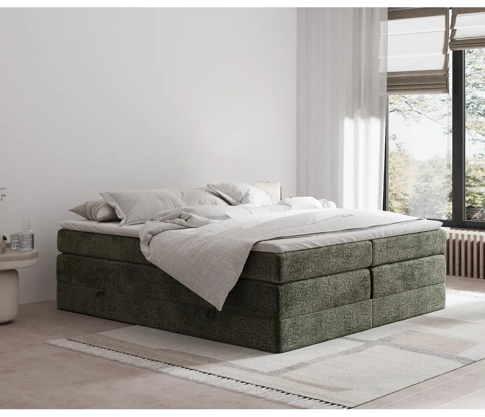 Tmavozelená boxspring posteľ s úložným priestorom/bez čela 200x200 cm Juniper – Maison de Rêve