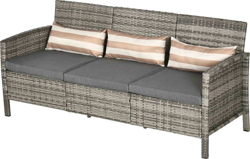 Outsunny Ratanová sedačka s vankúšmi, pre 3 osoby, Záhradná lounge sedačka, Oceľ, Šedá, 173 x 68 x 78 cm | Aosom