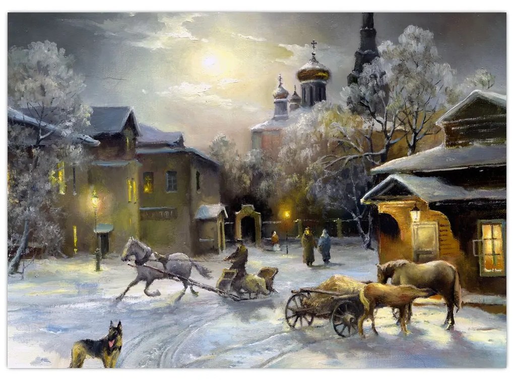 Sklenený obraz - Zimná dedinka (70x50 cm)