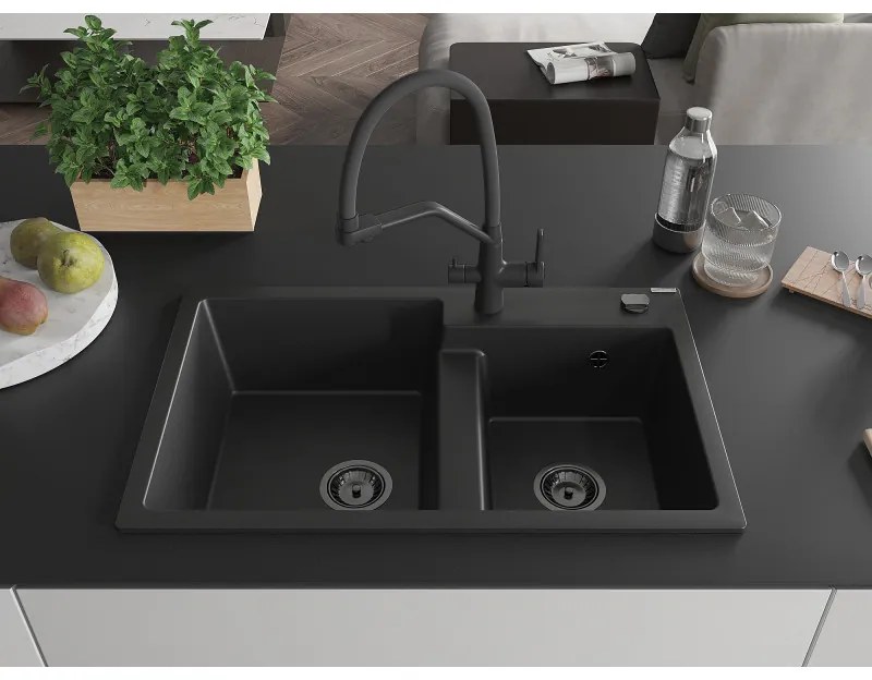 Mexen Tomas, 2-komorový granitový drez 800x500x190 mm  a kuchynská batéria Duo, čierna, 6516-77-671701-70-B