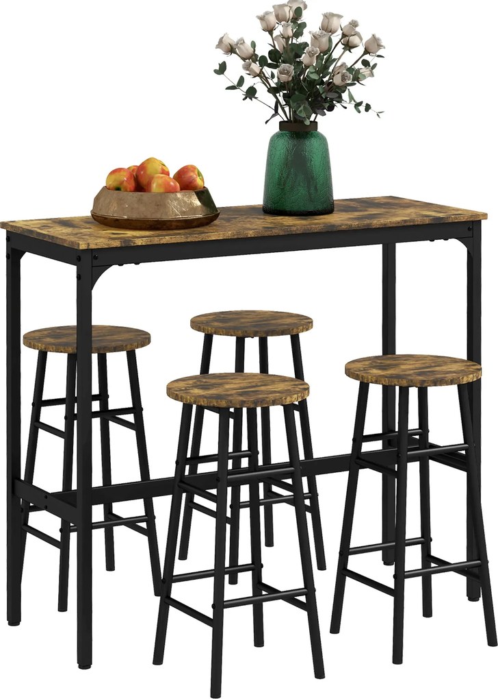 HOMCOM Obdĺžnikový stôl pre 4 osoby so stoličkami a 4 taburetkami z MDF a ocele, taburetky Ø30x60 cm a obdĺžnikový stôl 105x40x90 cm, čierny a rustiká