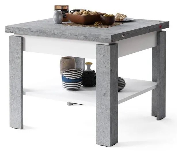 Rozkladací konferenčný/jedálenský stôl s odkladacou poličkou LIA šedá betón/biela