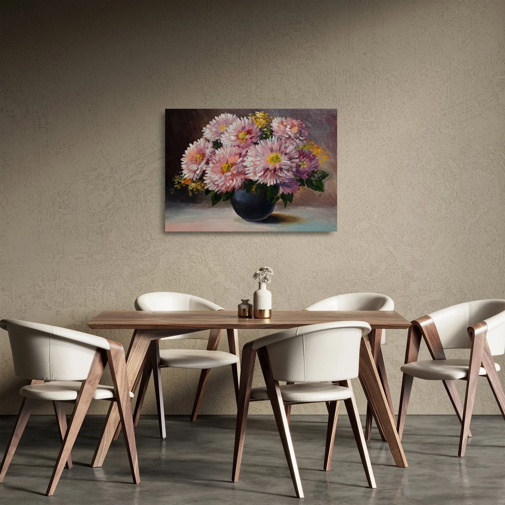 Sklenený obraz - Olejomaľba, Kvety vo váze (70x50 cm)