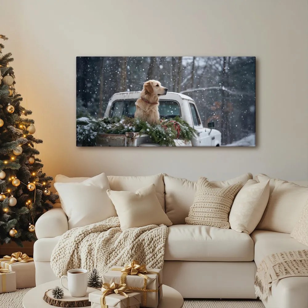 Vianočný obraz pes na korbe plnej ihličia