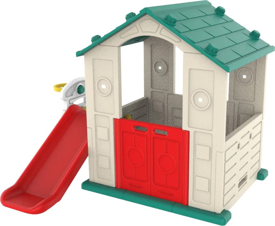 Ramiz Detský záhradný domček 3 v 1 Zelená strecha + šmýkačka + basketbalový kôš