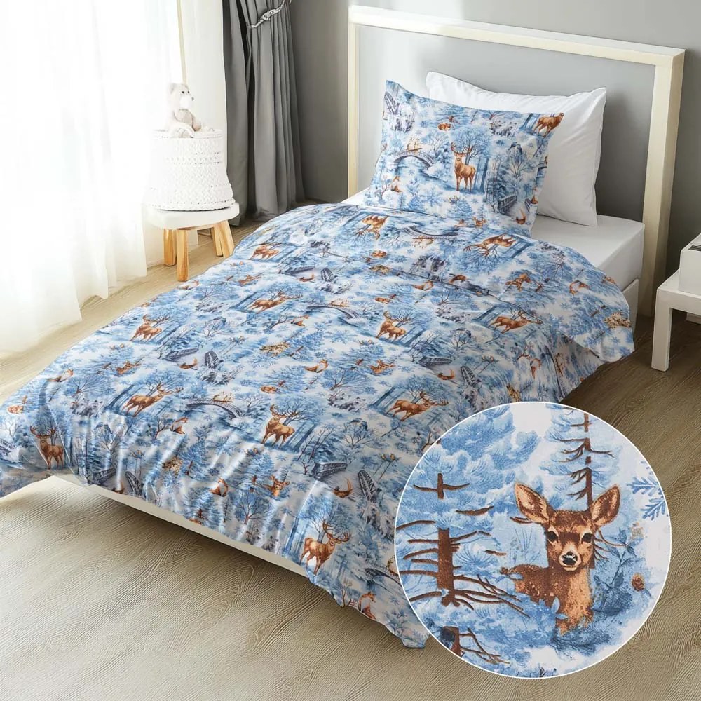 Biante Detské bavlnené posteľné obliečky Sandra SA-674 Lesné zvieratá v zimnom lese na modrom Predĺžené 140x220 a 70x90 cm