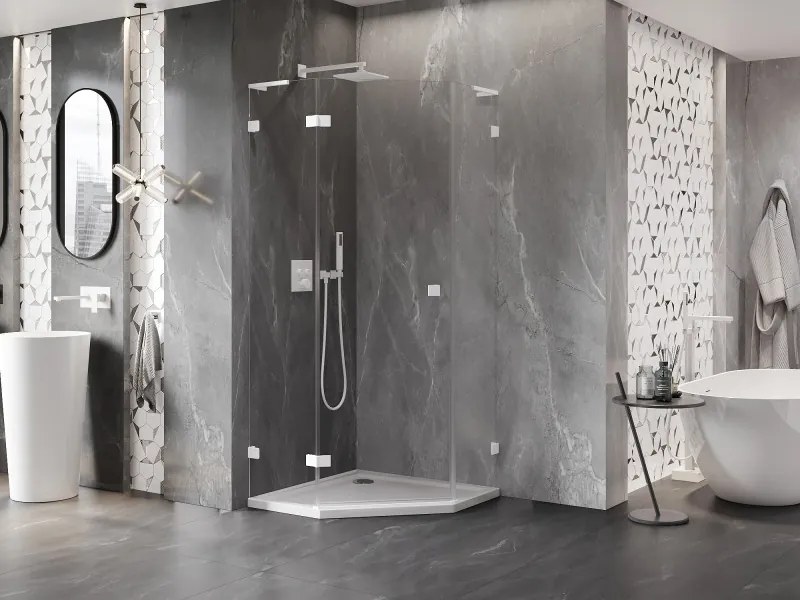 Mexen Lunar, L päťuholníkový sprchový kút naklápací doľava 100 x 100 cm, 8mm číre sklo, biely profil, 831L-100L-100P-20-00-L