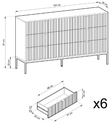 Komoda Nova 154 cm so zásuvkami sivá/zlatá