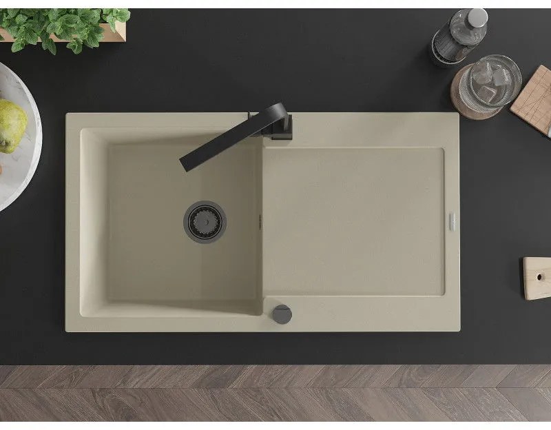 Mexen Leo, drez granitový 900x500x190 mm, 1-komorový, béžový s čiernym sifónom a čierna drezová batéria Rita, 6501-69-670300-70