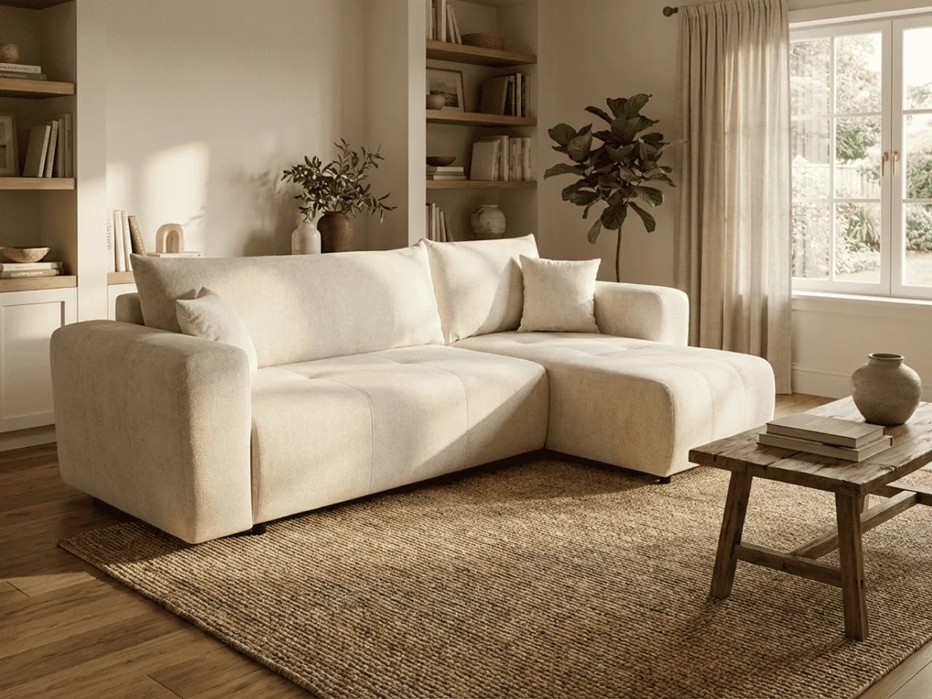 AKCIA Krémová rozkladacia rohová pohovka SORELA, obojstranná + 2 vankúšiky zadarmo II. akosť