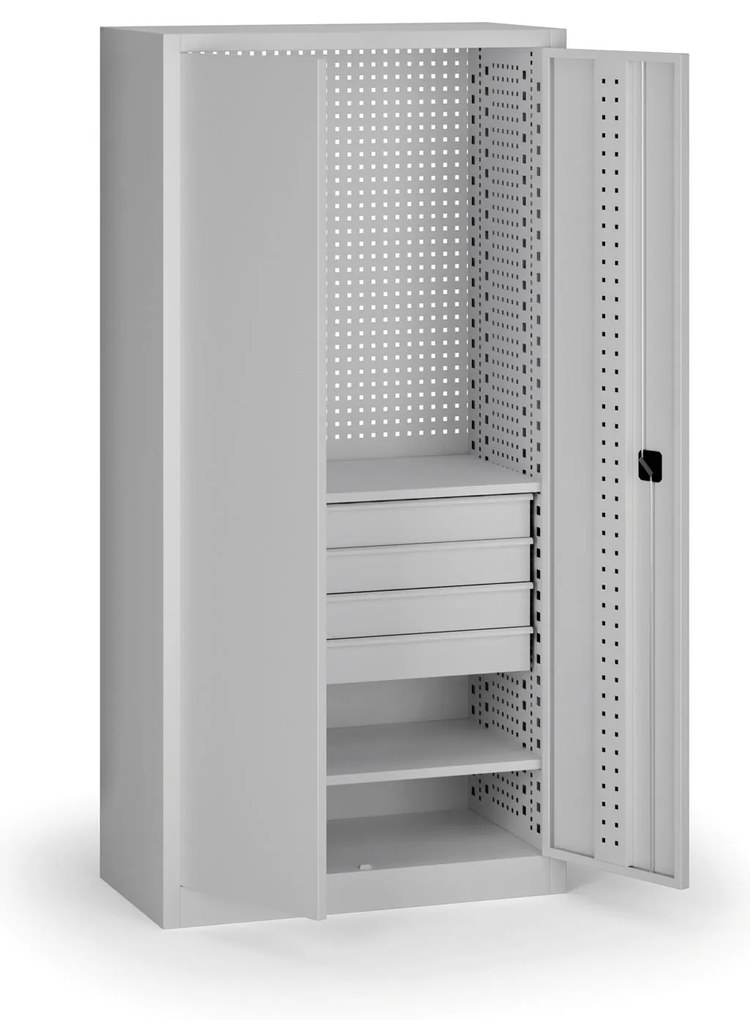 Policová dielenská skriňa 2-dverová, 2 police + 4 zásuvky, 1950 × 950 × 500 mm, sivé dvere