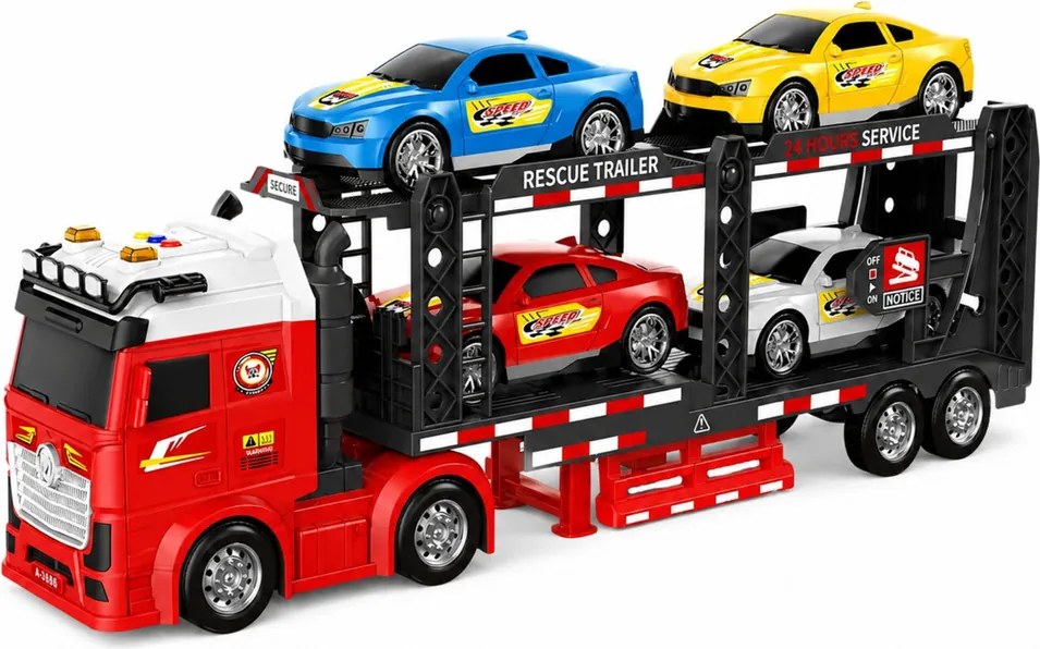 LEAN Toys Nákladné auto Lora Transporter s odťahovkou pre 4 autá, svetlá a zvuky