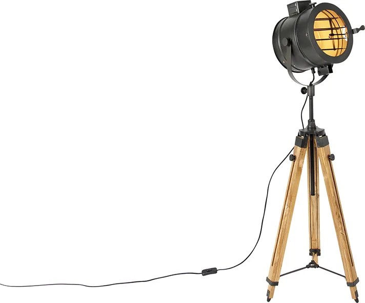 Trojnohý stojaca lampa čierna s dreveným štúdiovým svetlom - Radient