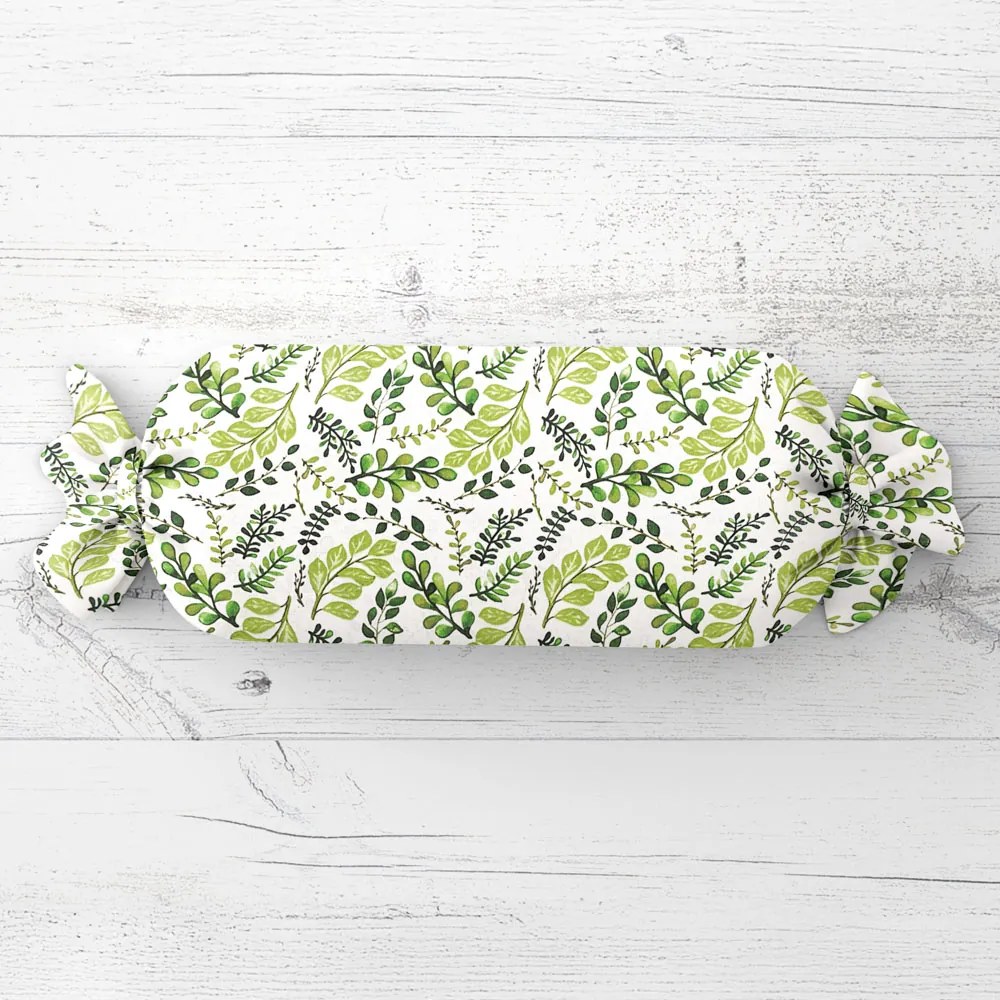 Biante Vankúš valec bonbon Sandra SA-426 Zelené vetvičky s lístkami na bielom 15x40 cm
