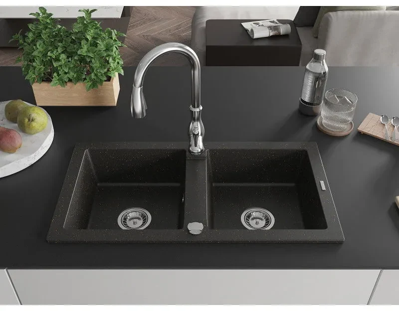 Mexen Mario, 2-komorový granitový drez 820x436x161 mm a drezová batéria Savita, čierna-zlatá metalíza, 6504-75-672601-00