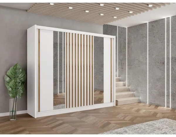 Šatníková skriňa so zrkadlom SANTINO 250x215 cm biela/dub craft