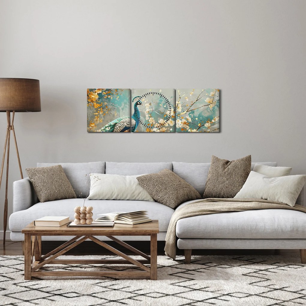 Obraz - Páv so zlatým dekorom (s hodinami) (90x30 cm)