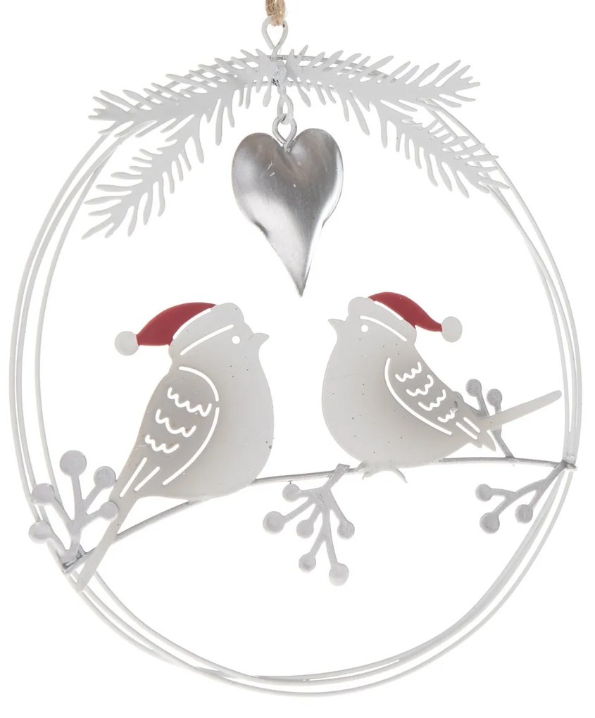 Vianočná závesná kovová dekorácia Vtáčiky, 14,5 x 16 x 1 cm
