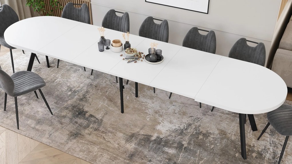 Mazzoni EXPANSO Biely mat / čierne nohy - OVÁLNY ROZKLADACÍ STÔL 160-360 cm PRE 16-18 OSÔB