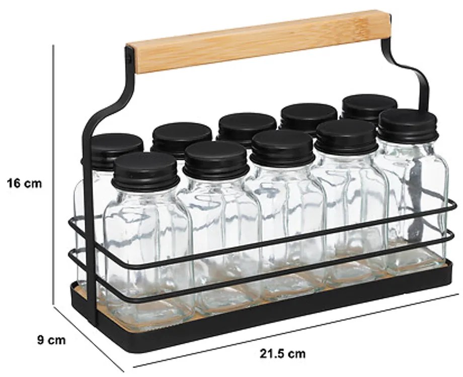 5Five® Košík s 10 hranatými koreničkami, čierne viečka, kov, drevo 22 x 9 x 16 cm