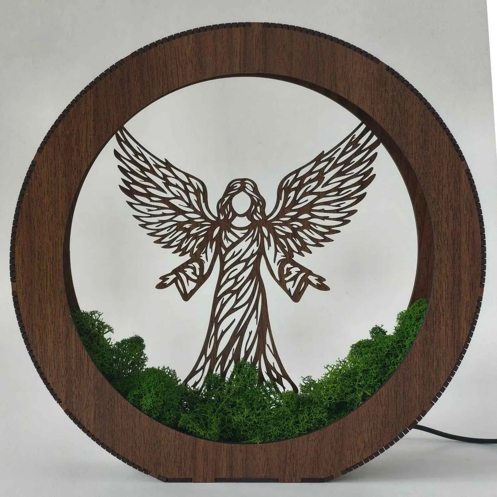 Drevená LED lampa Anjel svetla s machom | MICHAEL: HDF - Orech 20 cm 4778-115060 LED0606
