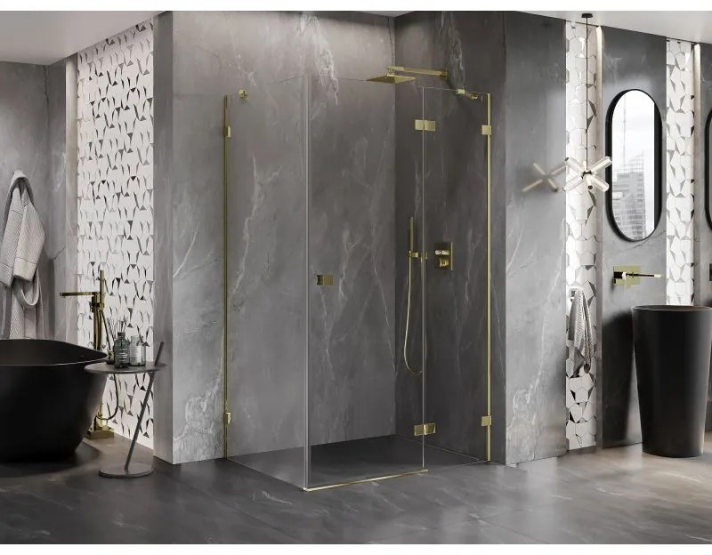 Mexen Lunar, pravostranný výklopný sprchový kút 75 x 70 cm, 8mm číre sklo, zlatý profil, 834-075-070-50-00-P
