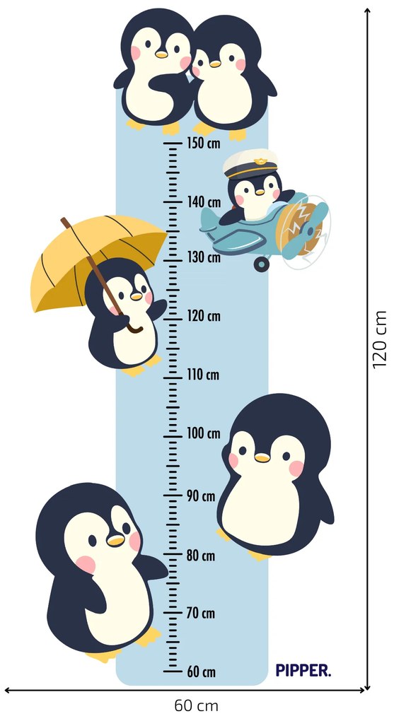 PIPPER. Detský meter - Tučniaci - textilná nálepka na stenu
