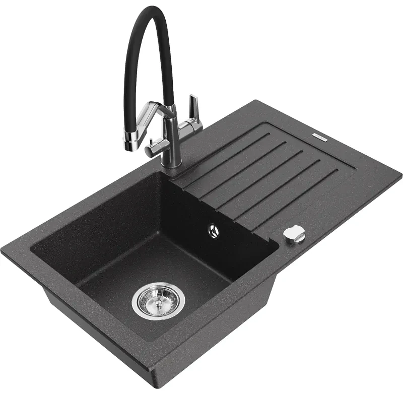 Mexen Pablo, granitový drez 752x436x161 mm, 1-komorový a drezová batéria Duo, čierna škvrnitá, 6510-76-671701-07