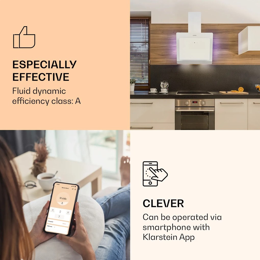 Klarstein Aurora 60 Smart, digestor, 60 cm, komínový, 550 m³/h, LED podsvietenie, A++, biely