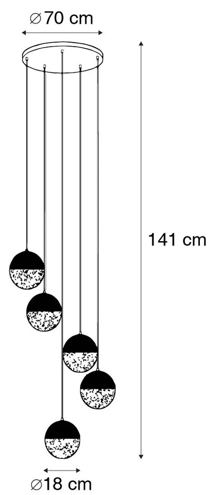Priemyselné závesné svietidlo čierne s mosadzou 5-svetlo - Haicha