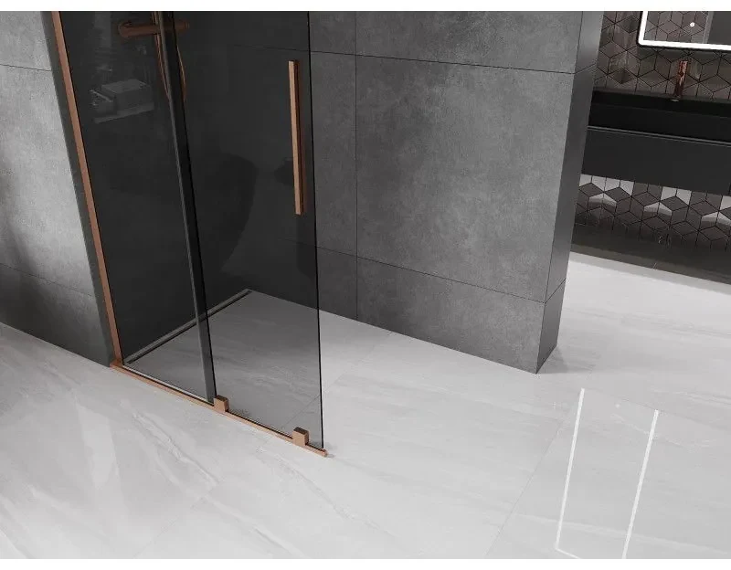 Mexen Velar L, posuvná sprchová zástena Walk-in 110 x 200 cm, 8mm šedé sklo, medená matná, 871-110-003-43-65