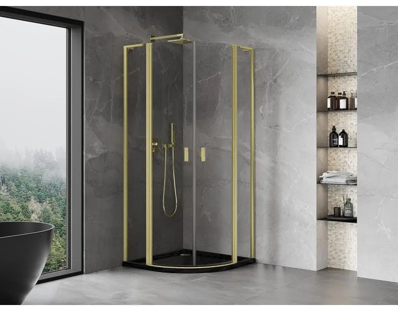 Mexen Mist L, štvrťkruhový sprchový kút s 2-krídlovými dverami, 90 x 90 cm, 8mm číre sklo, zlatý matný profil, 8A32L-090-090-55-00