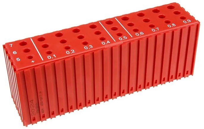 Plastový box na ukladanie vrtákov s priemerom 5–7,9 mm, modul 20x5, 30 dutín, červená